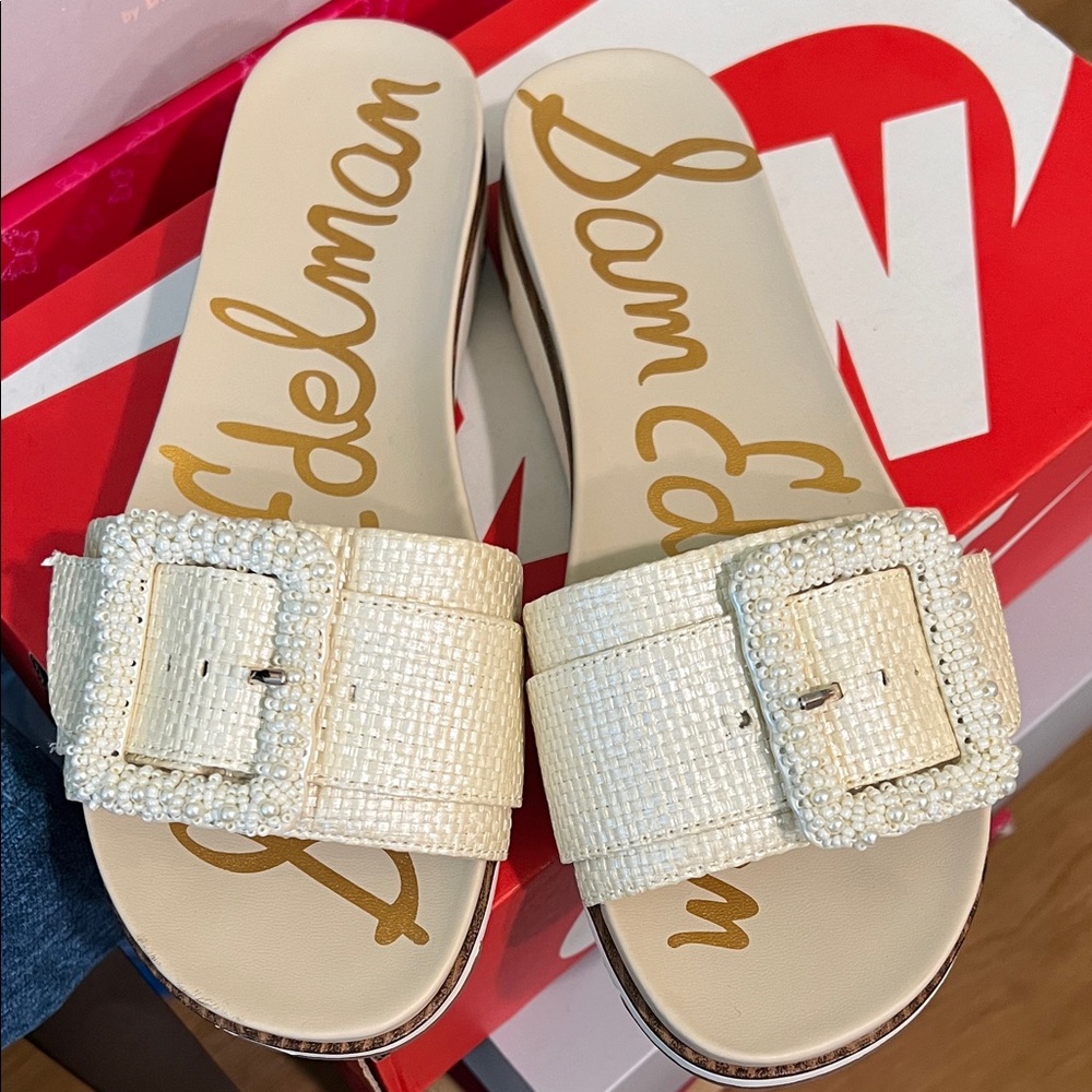 Sam Edelman Pearl-Embellished Cream Sandals